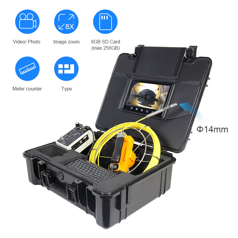 Vividia VS-11430 All-in-One Pipe Sewer Drain Tube Video Inspection Camera with 7" Portable Screen 5mm Diameter 30m Long Push-Rod Cable and 14mm Diameter Camera