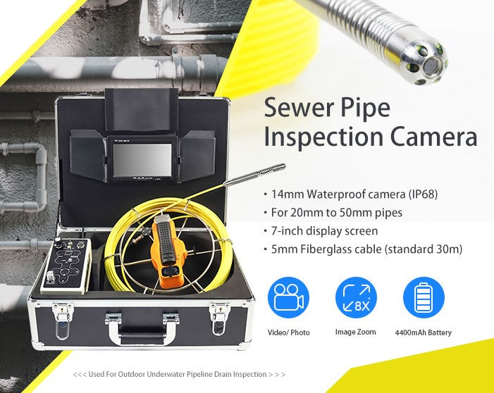 Vividia VS-11430 All-in-One Pipe Sewer Drain Tube Video Inspection Camera with 7" Portable Screen 5mm Diameter 30m Long Push-Rod Cable and 14mm Diameter Camera