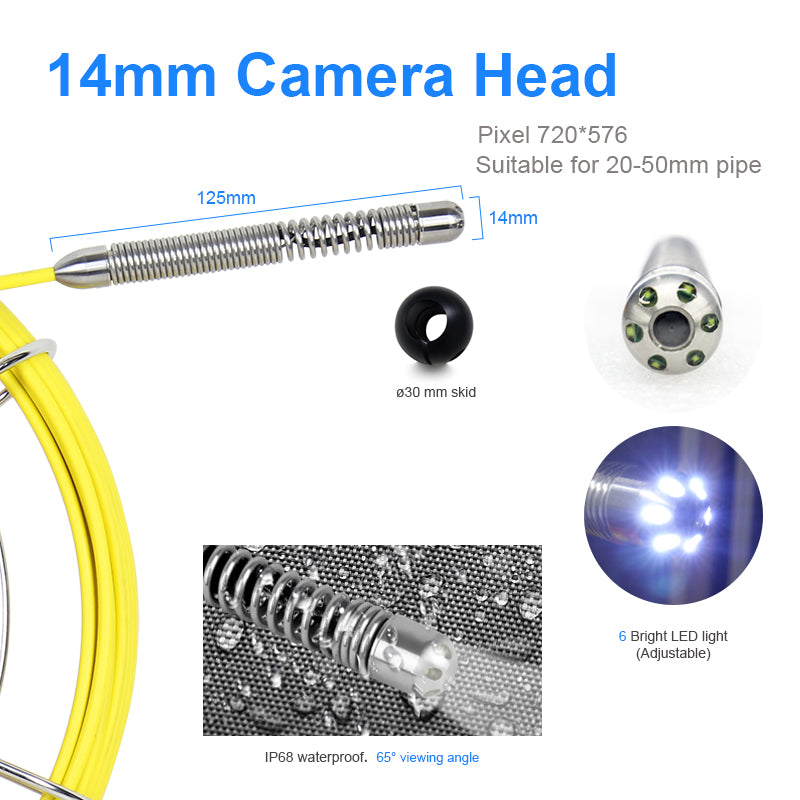 Vividia VS-11430 All-in-One Pipe Sewer Drain Tube Video Inspection Camera with 7" Portable Screen 5mm Diameter 30m Long Push-Rod Cable and 14mm Diameter Camera