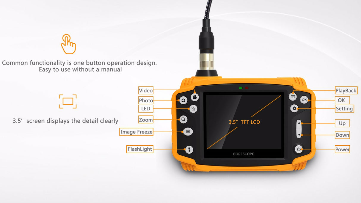 Vividia BD-9090 Dual Camera Borescope with 9mm Diameter 90cm Long Probe and 3.5" LCD Monitor