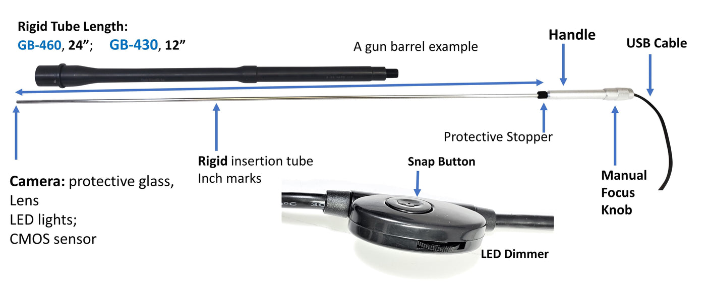 Vividia GB-460 USB Digital Manual Focus Gun Barrel Borescope with 4mm (0.158") Diameter and 24" (60 cm) Long Insertion Tube