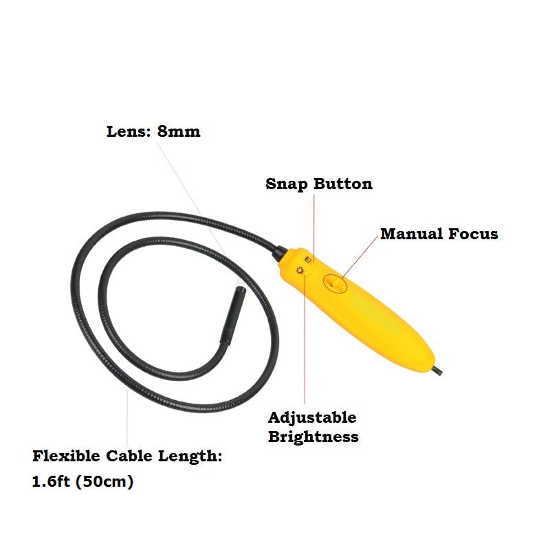 Vividia GB-8556 Manual Focus Gun Borescope with Semi-Rigid 8mm (0.315") Diameter and 20.5" (52cm) Long Tube and Side-Viewing Mirror