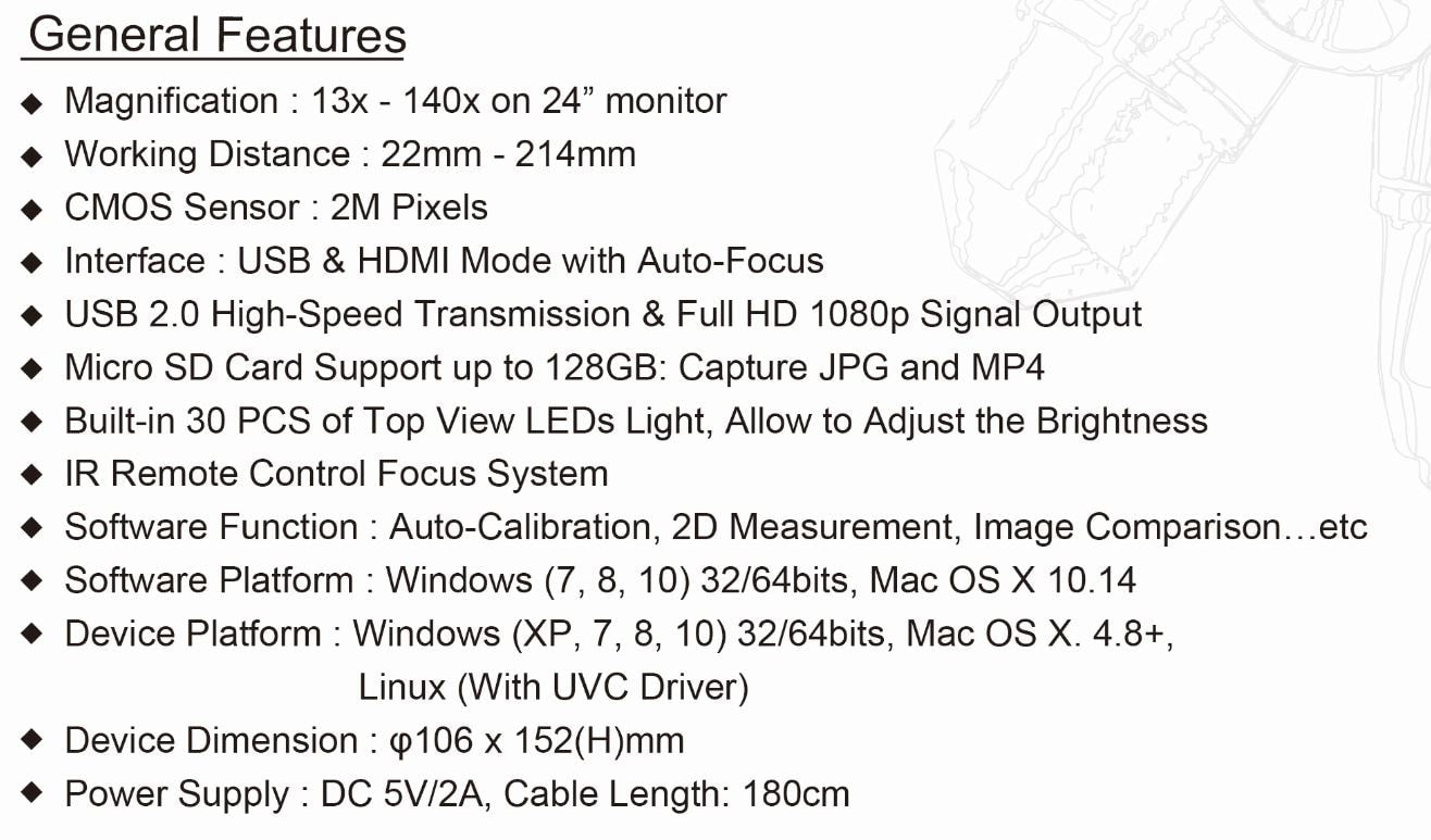 ViTiny UM10 HDMI/USB Autofocus Long Working Distance Digital Microscope with 2MP Resolution 13x to 500x Magnification and SD Card Function