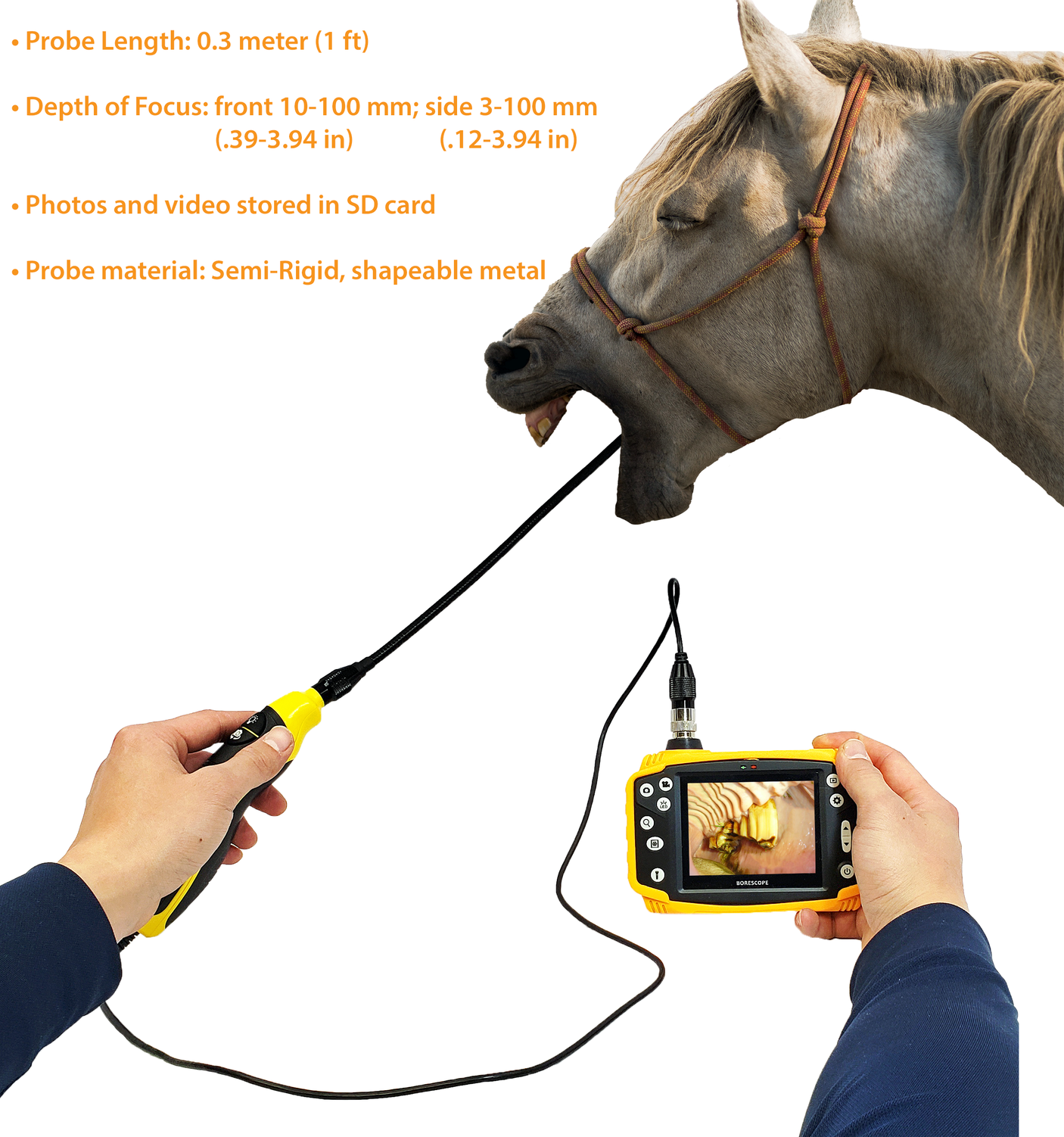 Vividia BD-9030 Dual Camera Borescope with 9mm Probe 30cm Long and 3.5" LCD Monitor for Professional Inspection and Horse Dental Examination