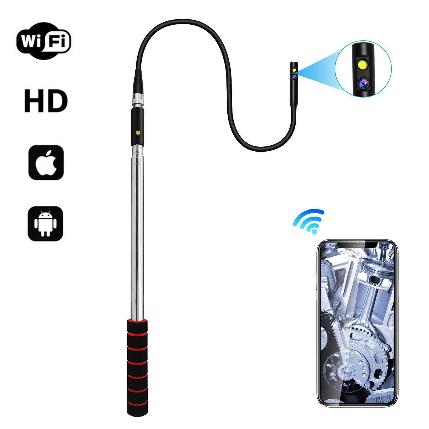 Vividia WPC-900 Wireless WiFi Telescopic Carbon Fiber Pole Inspection Camera System with 9 Meter (30 Feet) Extendable Pole