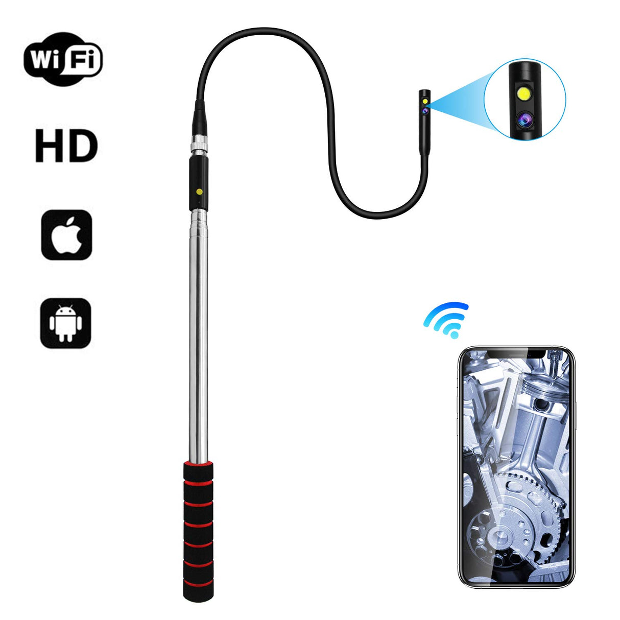 Vividia WPC-300 Wireless WiFi Telescopic Carbon Fiber Pole Inspection Camera System with 3 Meter (10 Feet) Extendable Pole