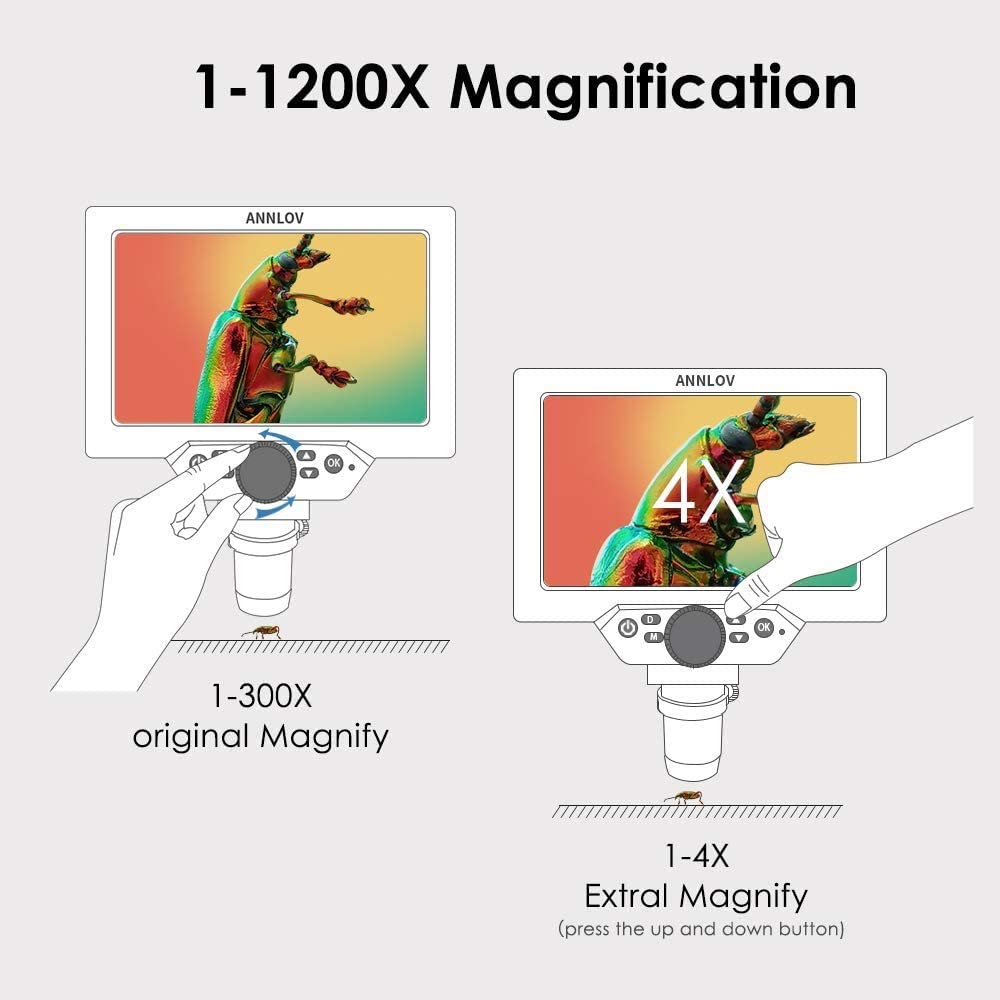 Vividia G-1200 LCD/USB Digital Manual Focus Microscope with 7" LCD Screen 12MP Resolution 300x Magnification