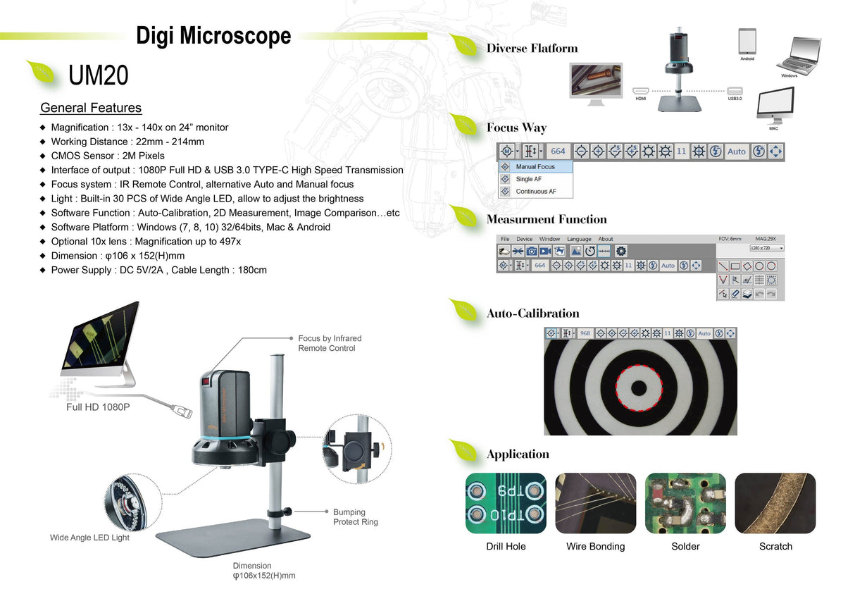 ViTiny UM20 HDMI/USB Autofocus Long Working Distance Digital Microscope with 2MP Resolution 10x to 500x Magnification