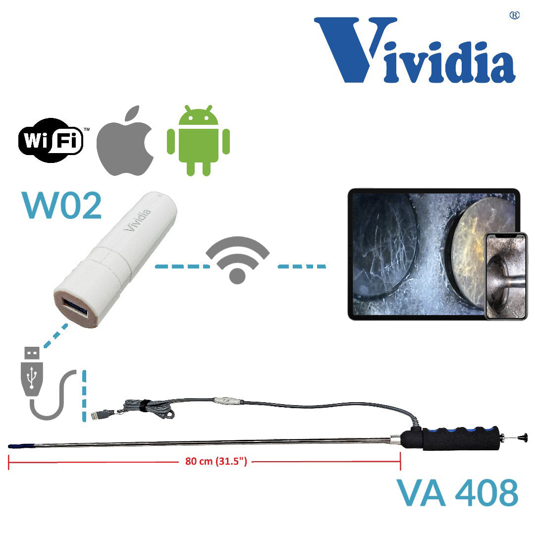 Vividia AbleScope VA-408 USB Rigid Long Articulating Borescope with 180 Degree One-Way Articulation 8.5mm Diameter and 31 Inch Long Probe