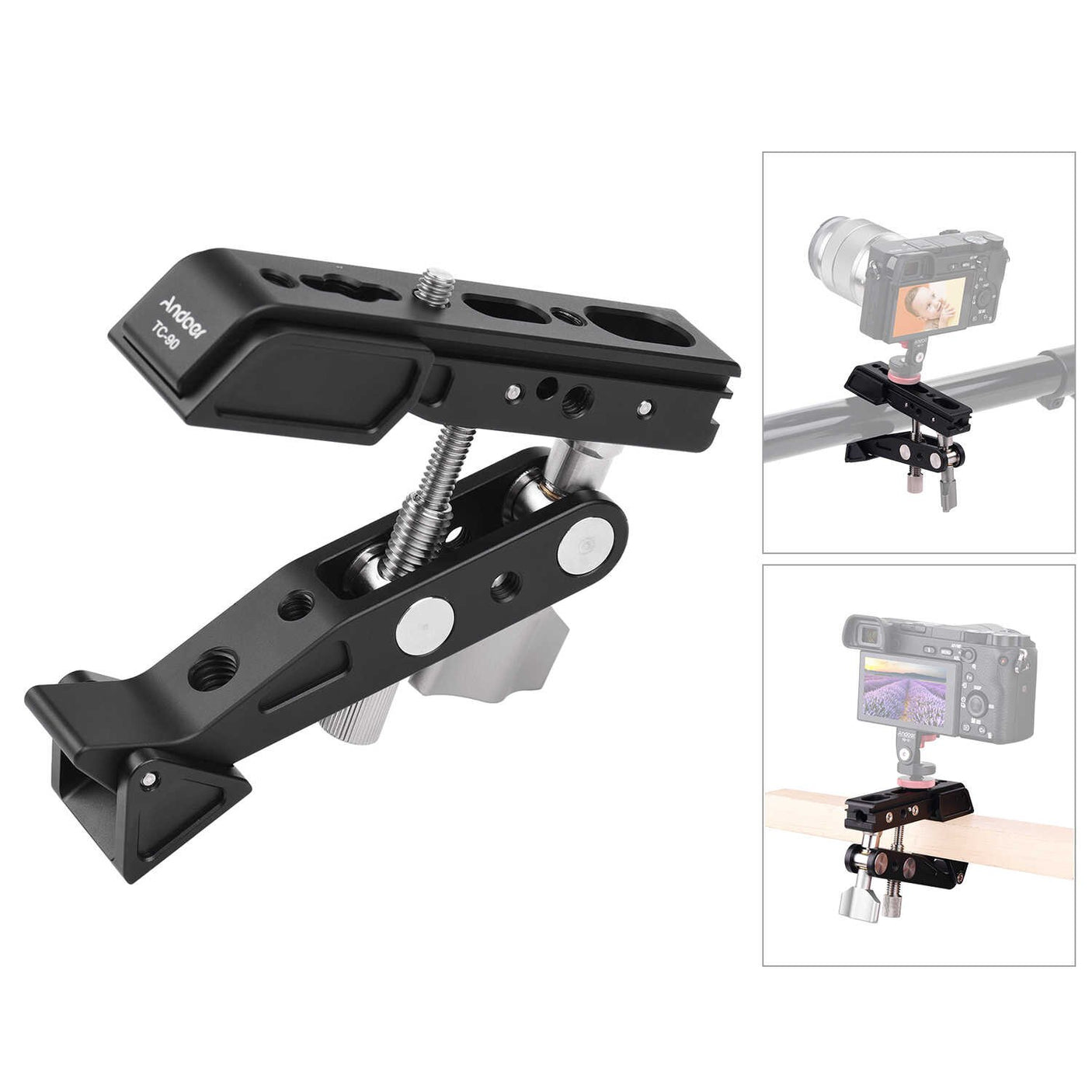 Vividia C-90 Heavy Duty Clamp Mount Photography Bracket Aluminum Alloy with 1/4 Inch Screw 1/4 & 3/8 Inch Thread for Video Monitor LED Light Microphone DSLR Camera