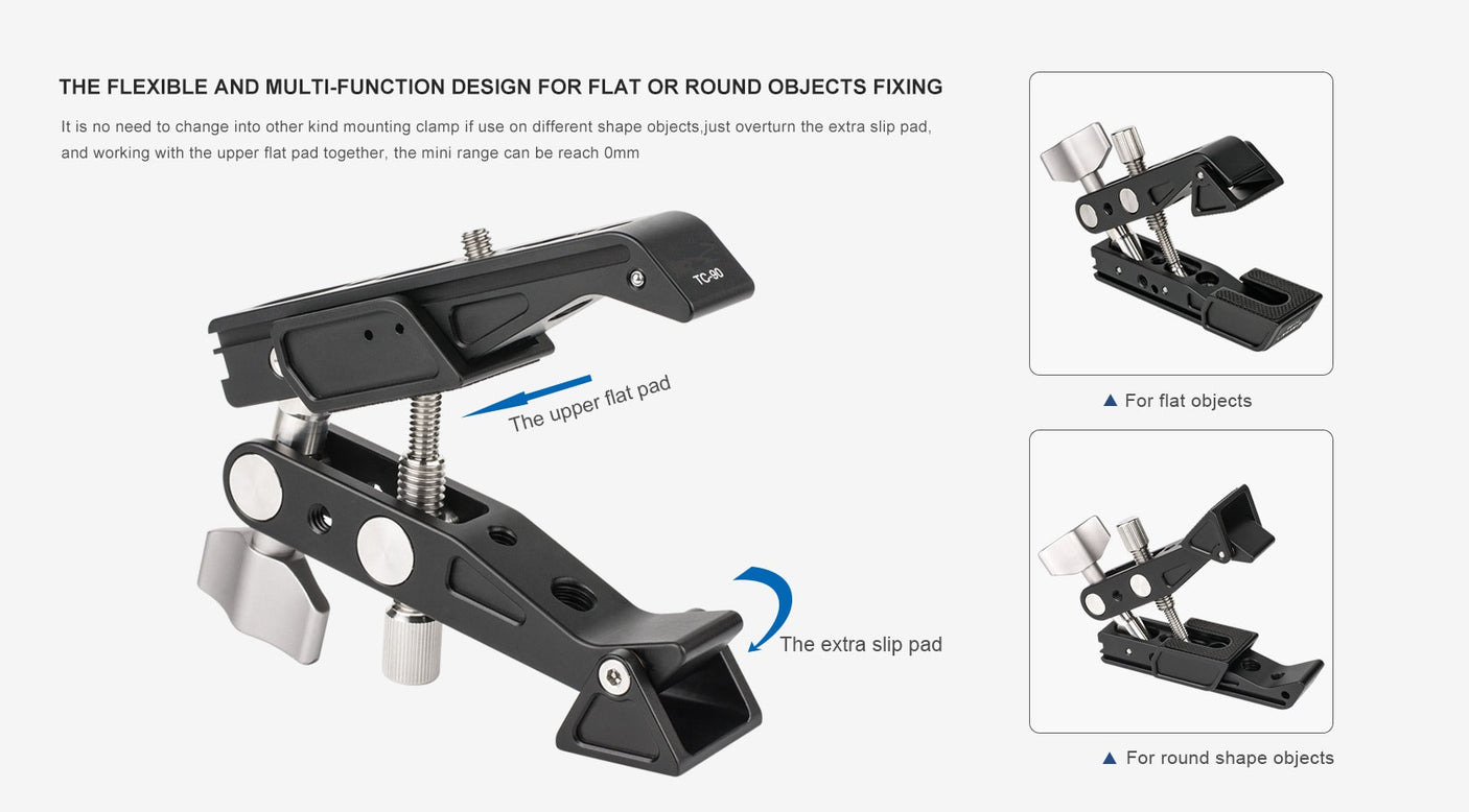 Vividia C-90 Heavy Duty Clamp Mount Photography Bracket Aluminum Alloy with 1/4 Inch Screw 1/4 & 3/8 Inch Thread for Video Monitor LED Light Microphone DSLR Camera