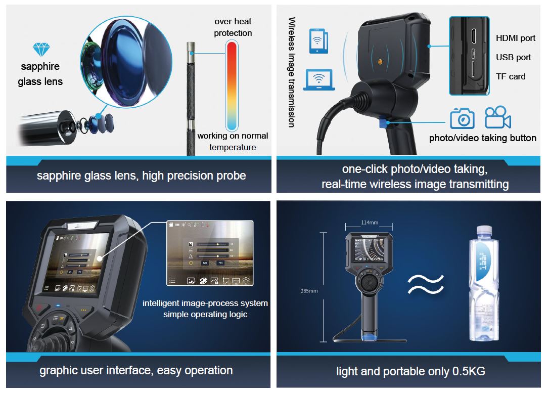 Vividia T5-1-1810 One-Way Articulating Borescope Industrial Videoscope Inspection Camera with 1.8mm Diameter Probe Camera and 5" Monitor