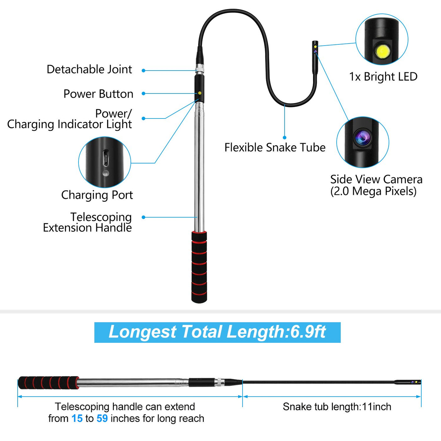 Vividia D0165W Side View Rigid Extendable WiFi Inspection Borescope Camera and Equine Dental Endoscope Camera for Horse