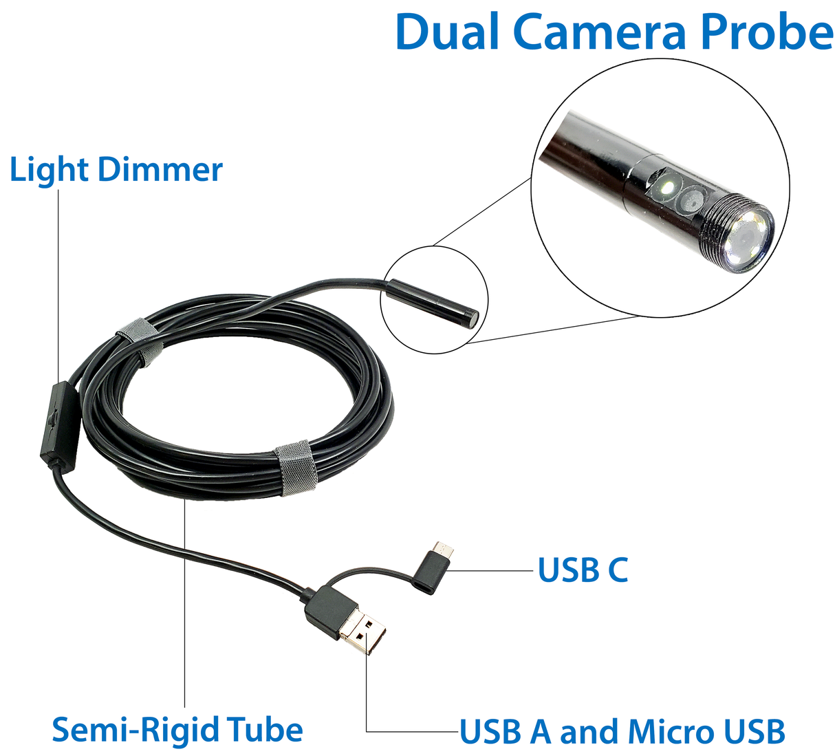 Vividia BD-8050U USB Dual Camera Borescope with 8mm / 0.32" Probe 5 Meter Long Semi-Rigid Probe for Windows and Android Devices