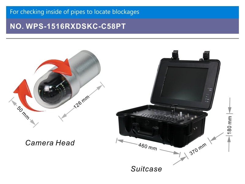 Vividia VS-550120PT All-in-One Pipe Sewer Drain Tube Video Pan Tilt Zoom HD Inspection Camera with 9" Portable Screen  394ft / 120m Long Push-Rod Cable and 50mm Diameter PT Camera