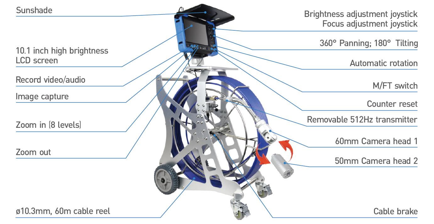 Vividia VS-960PTZ All-in-One FHD 1080p Pipe Sewer Drain Video PTZ Inspection Camera with 10.1" Monitor 10.3mm Diameter 60m (197ft) Long Push-Rod Cable and 60mm (2.36") Diameter Pan-Tilt-Zoom Camera