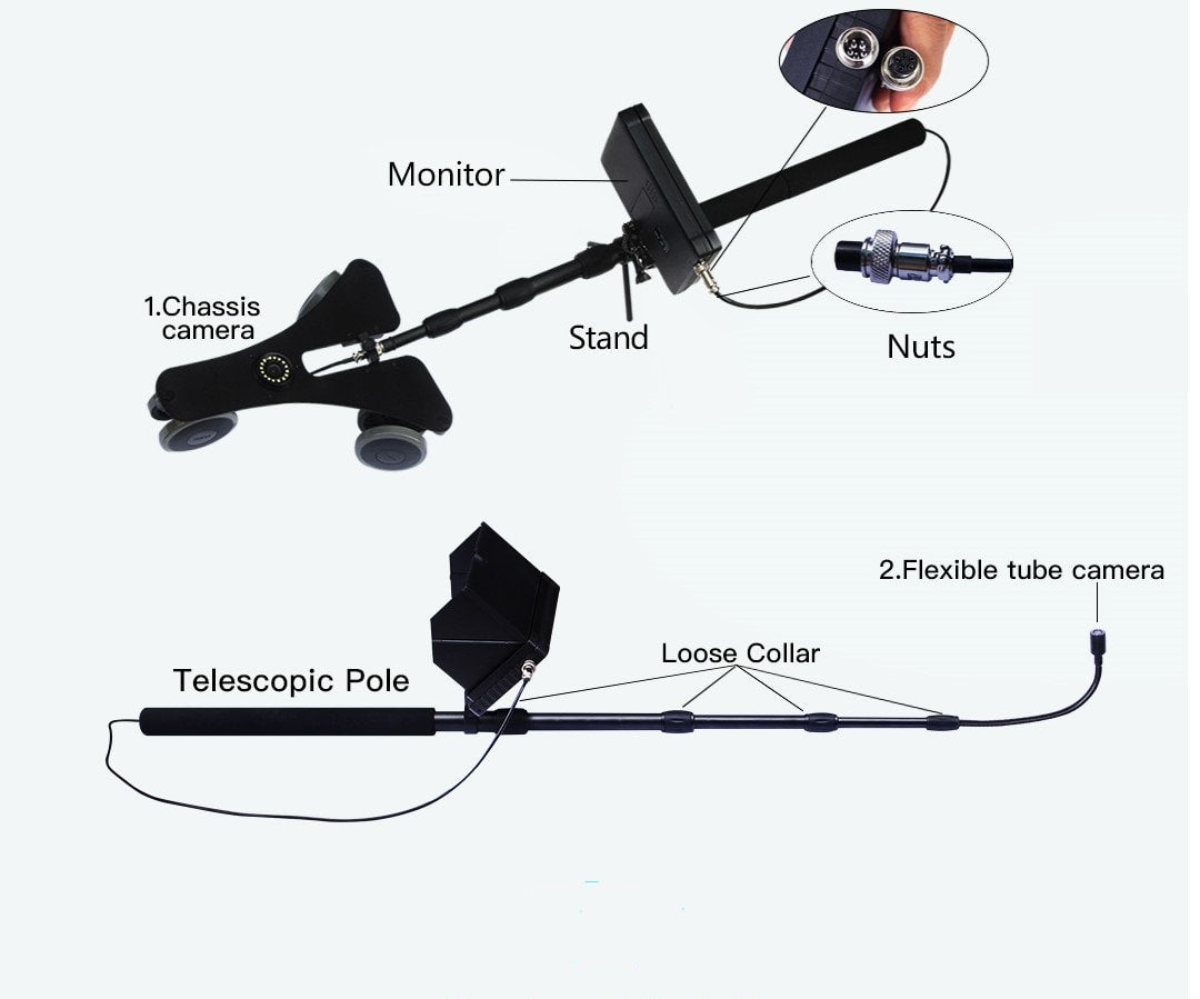 Vividia TVS-2507 Vehicle Video Inspection Camera Set with a 2.5 Meter Long Telescopic Pole Camera and 2 Meter Pole Under Vehicle Inspection Camera and Two 7" LCD Monitor and Heavy-Duty Plastic Case