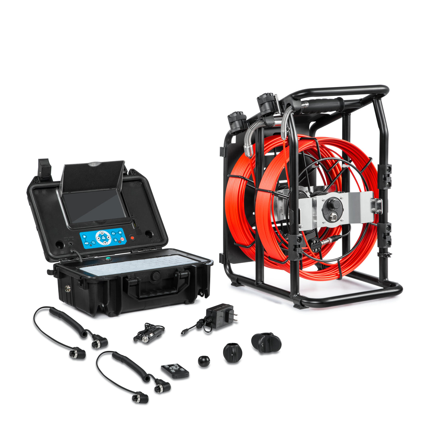 Vividia VS-749D All-in-One Sewer Drain Pipe Video Inspection Camera with 7" Portable Screen and Two Sets of Push Rod Cameras