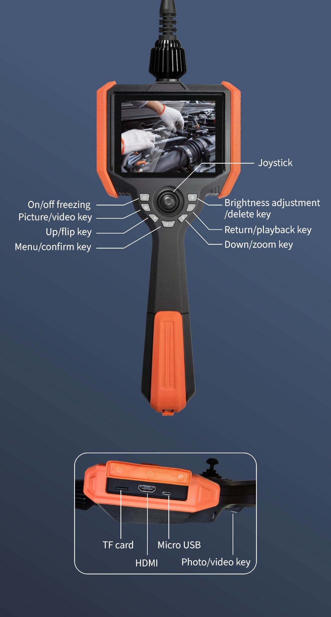 Vividia BD-K-6015 & BD-K-6030 Dual-Camera Joystick Articulation Borescope 5 Inch Monitor 6mm Diameter Probe