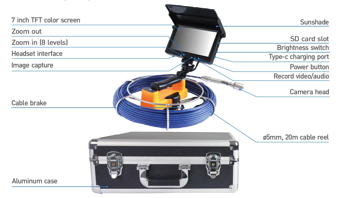 Vividia VS-2329 Mini Portable Sewer Pipe Inspection Camera with 23mm Daimeter Camera Head and 30m Long Push-Rod Cable